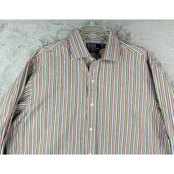Polo Ralph Lauren Shirt Men's XL 17 Green Blue Vertical Striped Long Sleeve - Picture 2 of 7